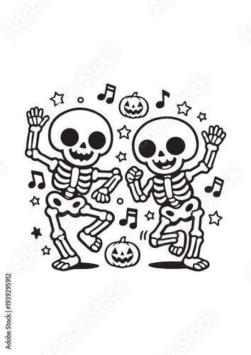 Cute Dancing Skeleton Friends Halloween Coloring Page
