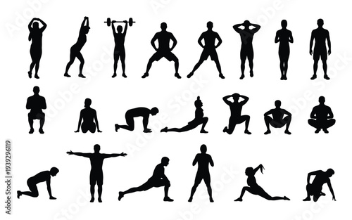 Black silhouettes of people performing various exercises and stretches