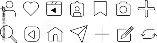 Essential Instagram feature icons, complete navigation set including repost, like, and search, modern branding for social communication apps.