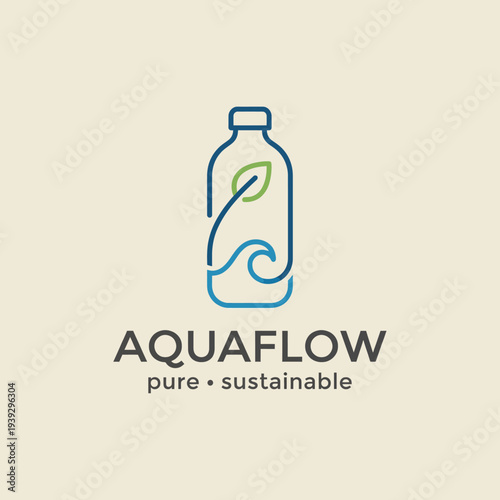 This logo features a stylized water bottle with a leaf and wave design, representing purity, sustainability, and a connection to nature, suitable for eco-friendly brands.