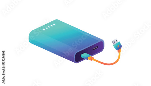 Portable power bank with USB cable in blue gradient color on white background for tech advertising