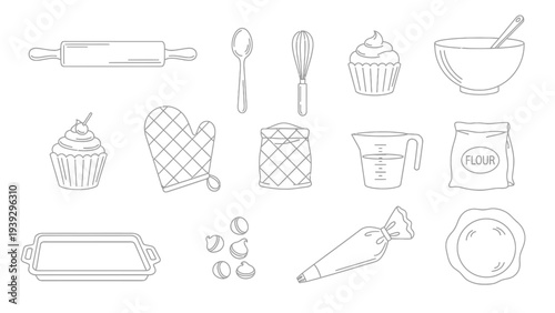 Baking tools and ingredients illustrated with line art.