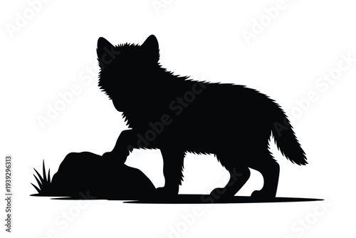 Black silhouette of a wolf cub standing over a rock