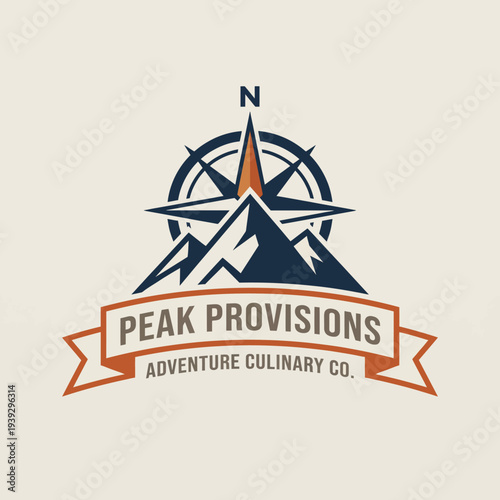 This logo features mountains with a compass design, representing adventure and exploration in culinary experiences, perfect for outdoor food brands and culinary enthusiasts.