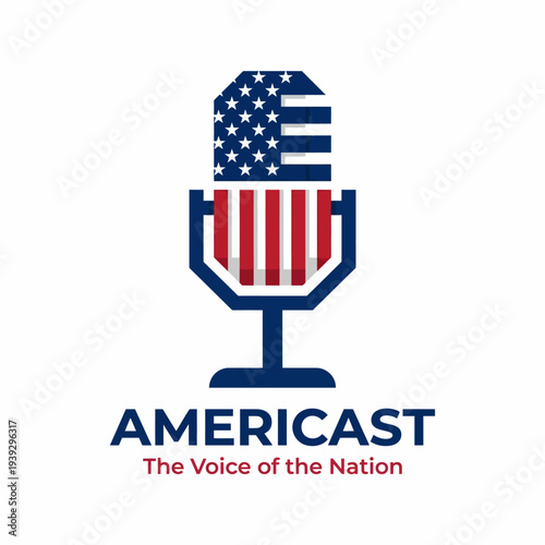 This logo features a microphone with an American flag design, representing the voice of the nation and engaging community dialogue, ideal for podcasting or media brands.