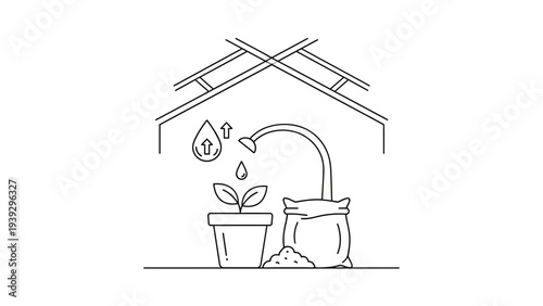 Potted plant growth and care in a greenhouse line art icon.
