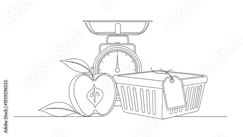 Line art of an apple slice, weighing scale, and shopping basket.