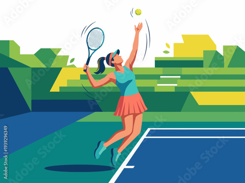 This illustration showcases a female tennis player serving a ball with enthusiasm, set in a colorful and vibrant tennis court background that captures the spirit of sports.