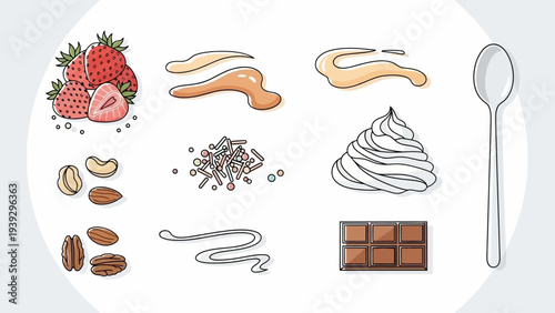 Collection of dessert ingredients and toppings