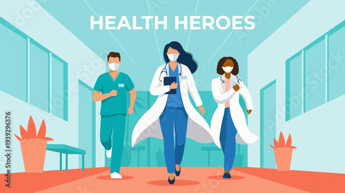An inspiring image of three healthcare heroes sprinting through a hospital corridor, showcasing their commitment and dedication to patient care during critical moments.