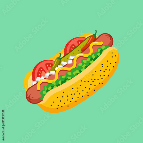 This image showcases a mouthwatering hot dog topped with fresh tomatoes, pickles, and mustard, perfectly set against a bright green background. Ideal for food lovers!