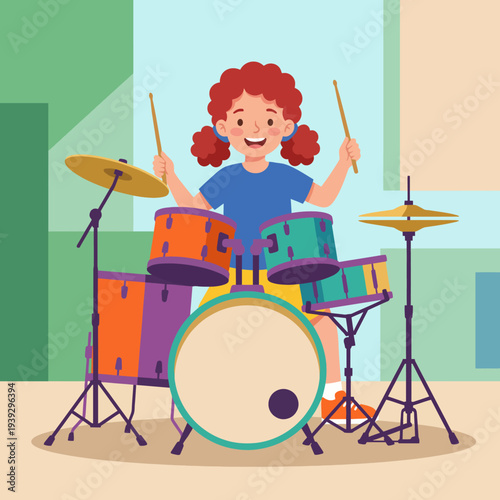A joyful illustration capturing a child happily playing drums, representing the spirit of music and creativity, set in a colorful and playful artistic style.