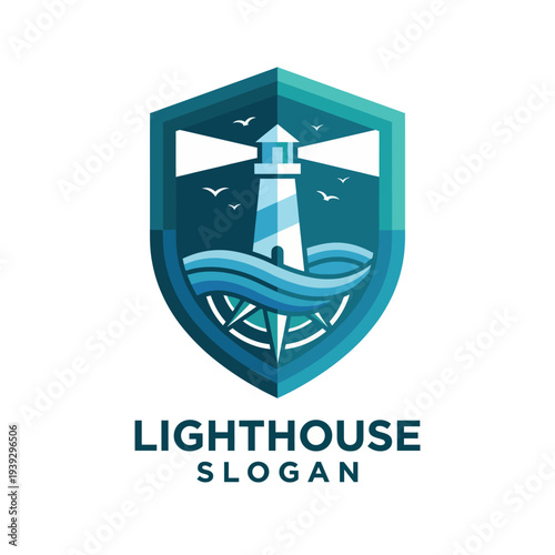 This logo features a lighthouse enclosed in a shield with flowing waves, representing guidance and safety in a maritime context, perfect for coastal businesses.