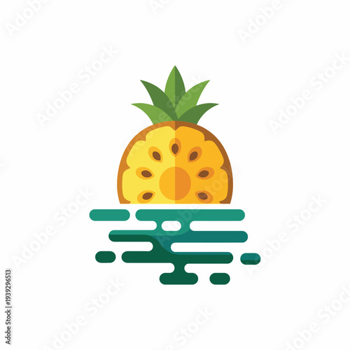 This vibrant pineapple graphic floating above stylized water captures the essence of tropical freshness and summer vibes, making it perfect for food and beverage branding.