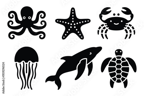Black silhouettes of sea creatures including octopus starfish crab jellyfish dolphin turtle