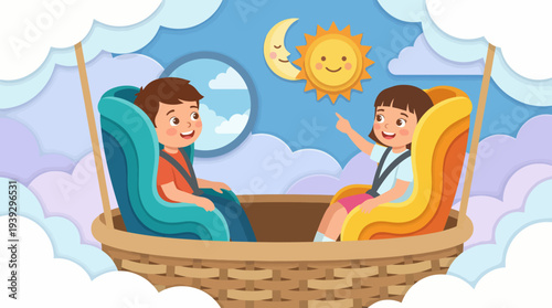 Two joyful children are enjoying a beautiful day in a whimsical illustration, featuring clouds and a sun, perfect for capturing the innocence and delight of childhood.