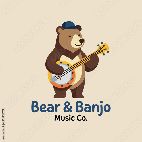 An adorable bear character illustrated strumming a banjo, capturing the warmth and joy of music in a charming and whimsical art style.