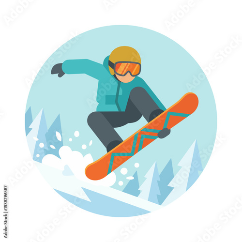 A dynamic illustration of a snowboarder executing tricks in a snowy landscape, highlighting the thrill and excitement of winter sports.