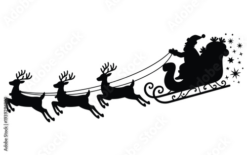 Black silhouette of santa in sleigh with reindeer flying