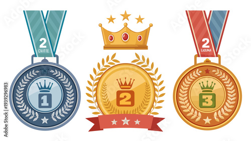 Set of modern award medals and crown icons for ranking and recognition