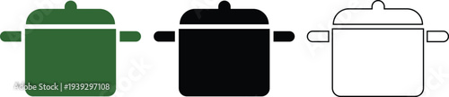 Cooking Pot with Lid Kitchen Cookware Icon Set in Color Black and Outline Style
