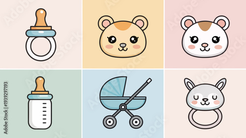 Cute baby icons including pacifier, bottle, stroller, and animal friends