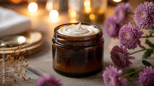 Amber glass jar with a white cream swirl for skincare moisturizer surrounded by purple flowers and bokeh lights