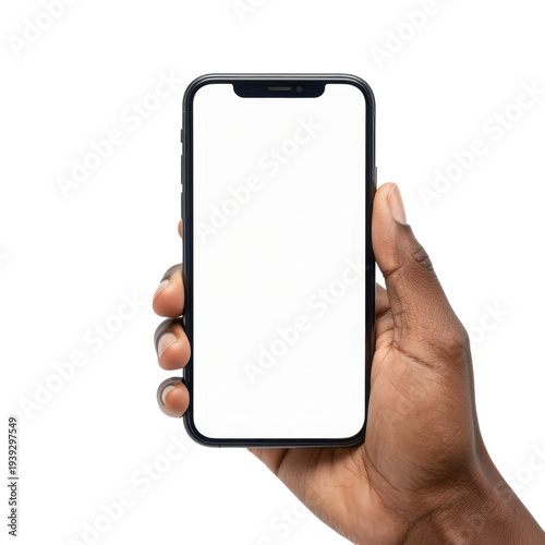 Black Hand Holding Blank Smartphone Screen for Custom App Design Mockups Isolated on transparent background