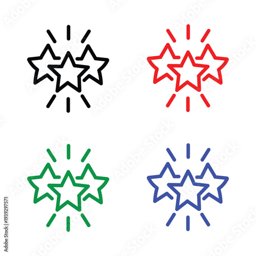 Shining premium three stars, excellence award outline icon. Line sign sparkling 3 five-pointed stars with rays. Vector isolated pictogram for web and app on white background editable stroke.