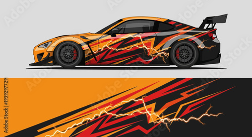 Orange race car with fiery graphic livery in dynamic motion.