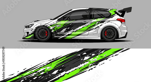Sleek race car with bold green and black graphic livery and aerodynamic design on a race track.