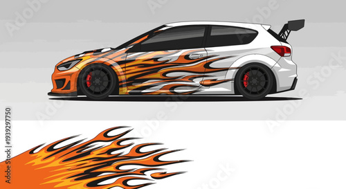 Sleek white sports car with fiery flame graphics and racing decals.