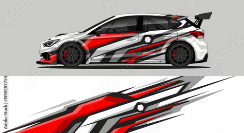 Sleek red and white race car with dynamic graphic livery and bold stripes.
