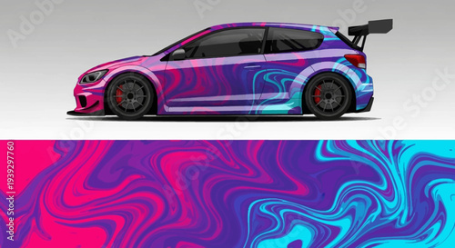 Vibrant multicolor race car with neon swirls and dynamic design on white background.