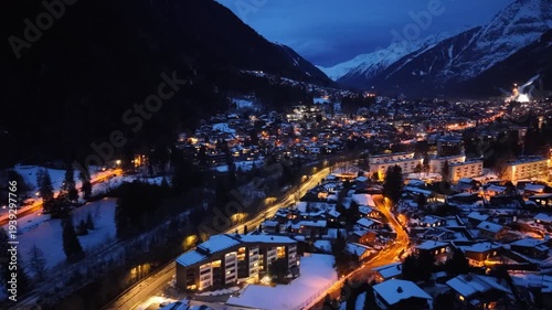 Chamonix winter night lights in the snowy valley