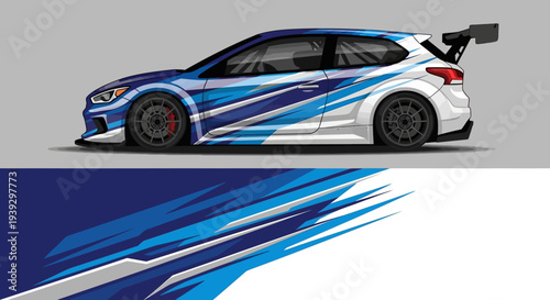 Side view blue racing car with dynamic graphic decals and racing stripes.