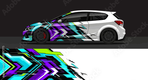 Colorful geometric wrap on a compact hatchback car side profile for bold automotive design.
