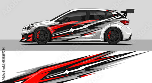 Sleek racecar with bold red and white graphic design on gray background.