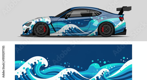 Blue Racing Car with Wave Art Decals and Ocean Wave Graphic.
