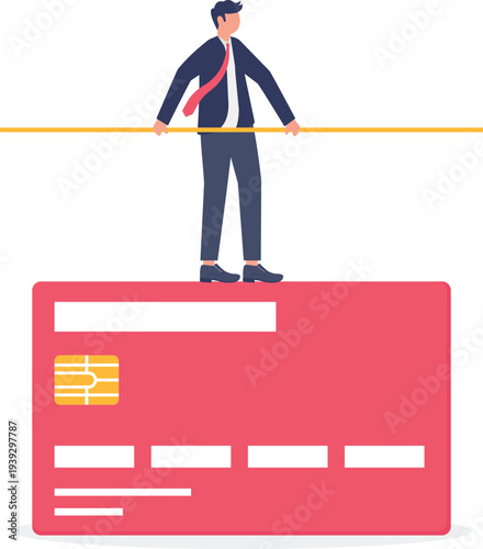 Businessman Balancing on Credit Card Debt Tightrope
