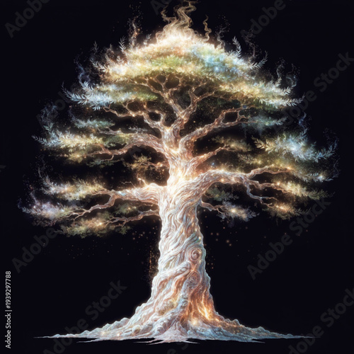 A mystical tree with glowing branches and roots on a black background