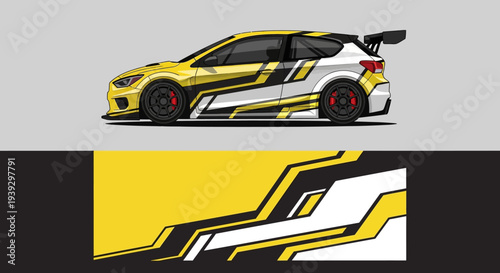 High speed yellow race car with bold white and black graphics on gray background.