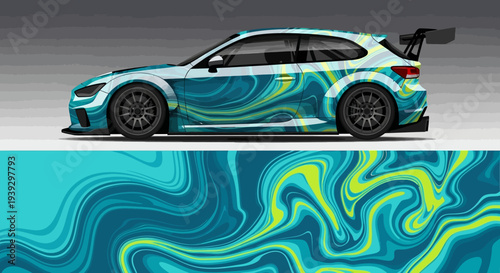 Sleek turquoise race car with vibrant abstract swirl design on metallic body.