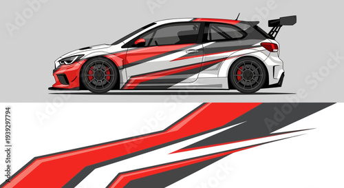 Sleek race car with bold red and white livery, side profile, and aerodynamic accents on a track.