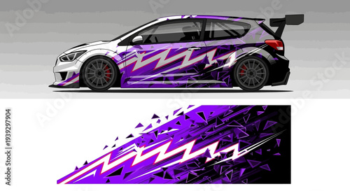 Purple racing car with bold zigzag graphics and aerodynamic design on track.