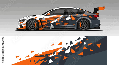 High speed race car featuring bold orange and black geometric livery on white background.