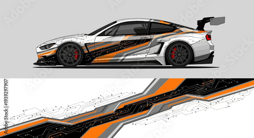 Sleek orange and black race car with dynamic graphic stripes.