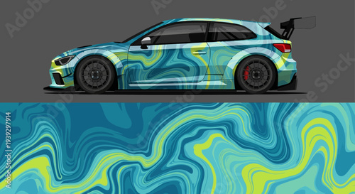 Vibrant color patterned racecar with abstract swirls and sleek design against a gray backdrop.