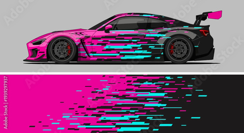 Vibrant glitch art neon racecar with pink, magenta, and cyan accents on a white background.