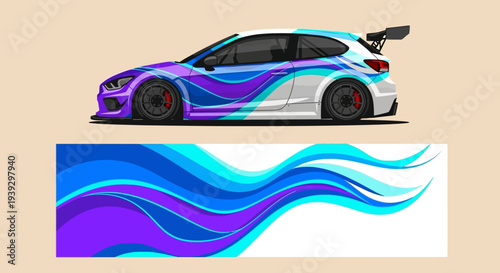 Colorful race car with flowing blue and purple wave graphics and dynamic decals on sleek body.